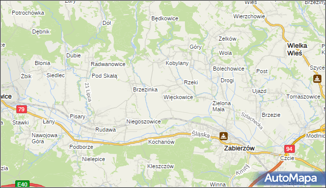 mapa Więckowice gmina Zabierzów, Więckowice gmina Zabierzów na mapie Targeo