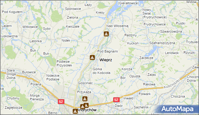 mapa Wieprz powiat wadowicki, Wieprz powiat wadowicki na mapie Targeo