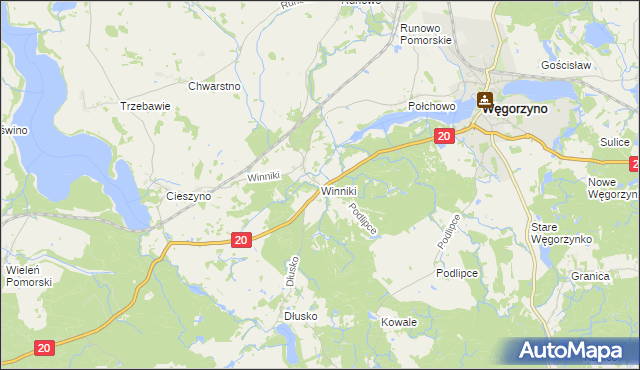 mapa Winniki gmina Węgorzyno, Winniki gmina Węgorzyno na mapie Targeo
