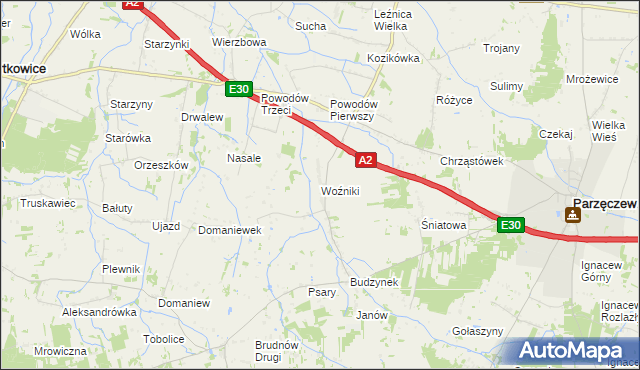 mapa Woźniki gmina Dalików, Woźniki gmina Dalików na mapie Targeo