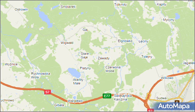 mapa Zawady gmina Olsztynek, Zawady gmina Olsztynek na mapie Targeo