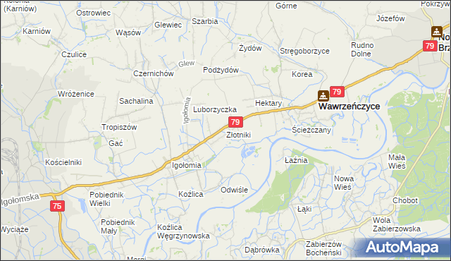 mapa Złotniki gmina Igołomia-Wawrzeńczyce, Złotniki gmina Igołomia-Wawrzeńczyce na mapie Targeo