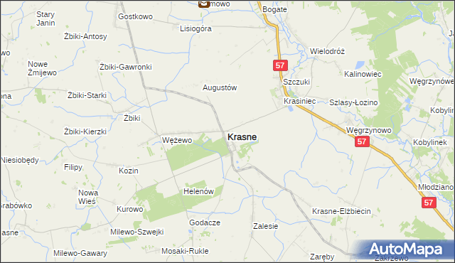 mapa Krasne powiat przasnyski, Krasne powiat przasnyski na mapie Targeo