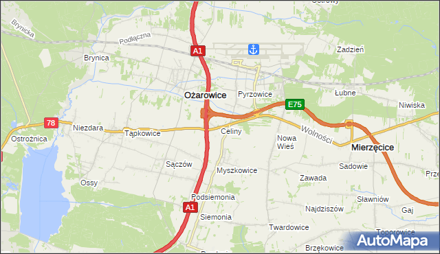 mapa Celiny gmina Ożarowice, Celiny gmina Ożarowice na mapie Targeo