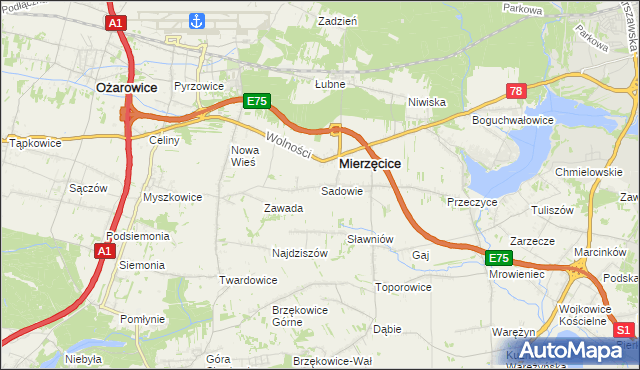 mapa Sadowie gmina Mierzęcice, Sadowie gmina Mierzęcice na mapie Targeo