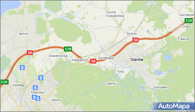 mapa Gorzebądz gmina Sianów, Gorzebądz gmina Sianów na mapie Targeo
