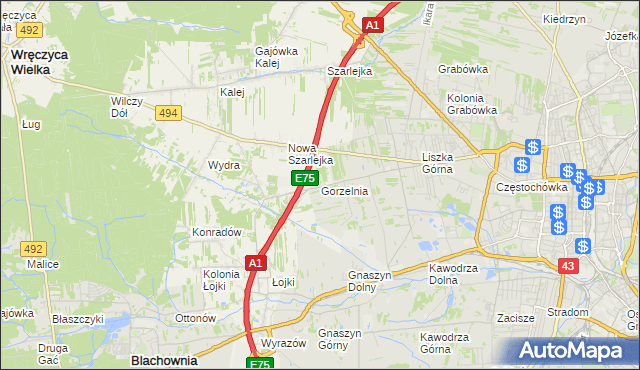 mapa Gorzelnia gmina Blachownia, Gorzelnia gmina Blachownia na mapie Targeo