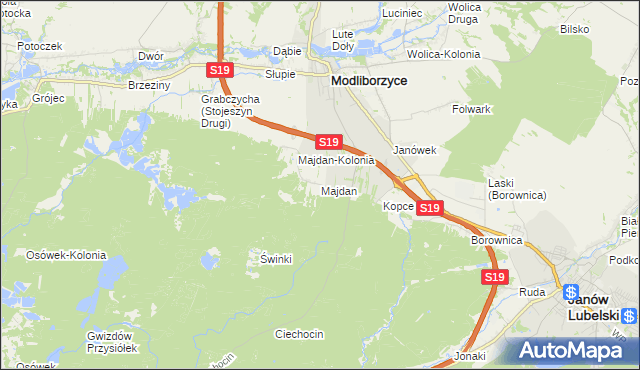 mapa Majdan gmina Modliborzyce, Majdan gmina Modliborzyce na mapie Targeo