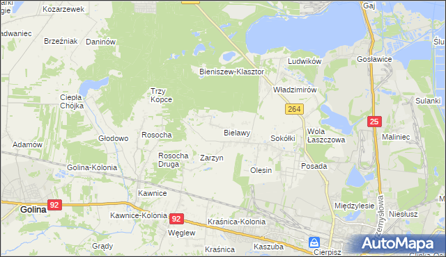 mapa Bielawy gmina Kazimierz Biskupi, Bielawy gmina Kazimierz Biskupi na mapie Targeo