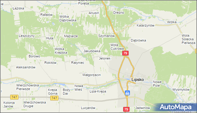 mapa Jelonek gmina Lipsko, Jelonek gmina Lipsko na mapie Targeo