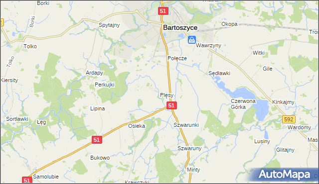 mapa Plęsy gmina Bartoszyce, Plęsy gmina Bartoszyce na mapie Targeo