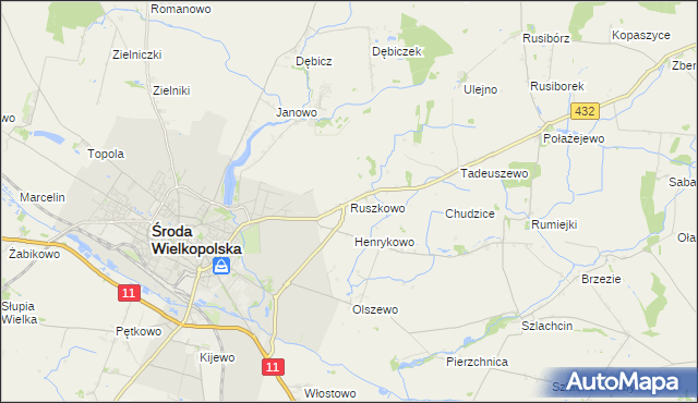 mapa Ruszkowo gmina Środa Wielkopolska, Ruszkowo gmina Środa Wielkopolska na mapie Targeo