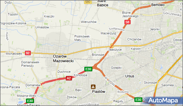 mapa Bronisze gmina Ożarów Mazowiecki, Bronisze gmina Ożarów Mazowiecki na mapie Targeo