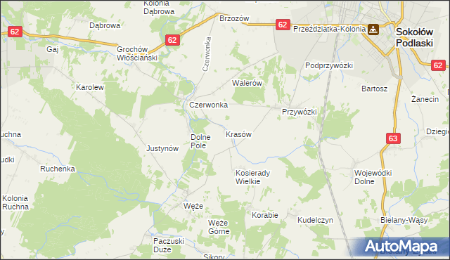 mapa Krasów gmina Sokołów Podlaski, Krasów gmina Sokołów Podlaski na mapie Targeo