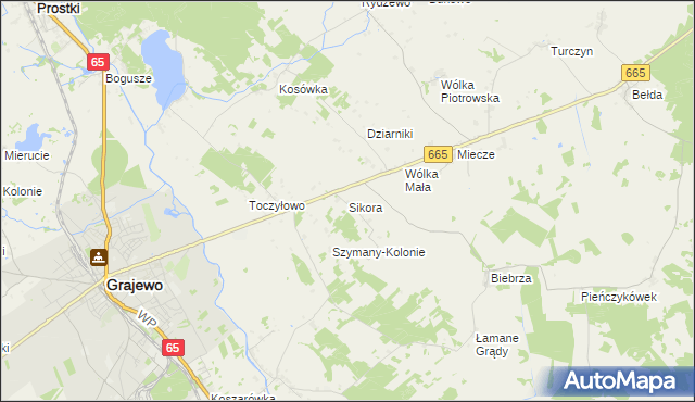 mapa Sikora gmina Grajewo, Sikora gmina Grajewo na mapie Targeo