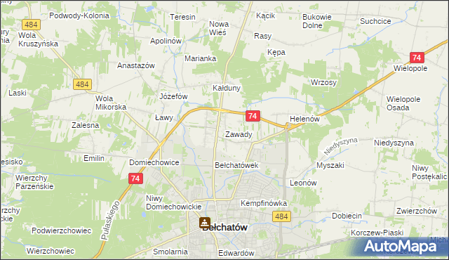 mapa Zawady gmina Bełchatów, Zawady gmina Bełchatów na mapie Targeo