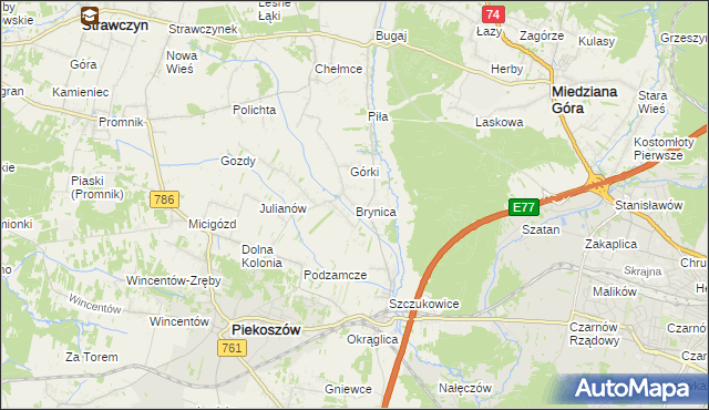 mapa Brynica gmina Piekoszów, Brynica gmina Piekoszów na mapie Targeo