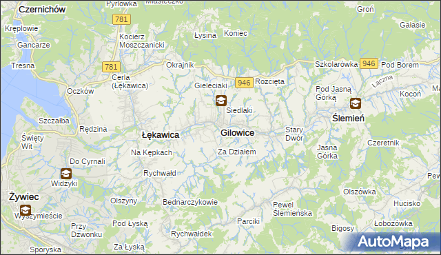 mapa Gilowice powiat żywiecki, Gilowice powiat żywiecki na mapie Targeo