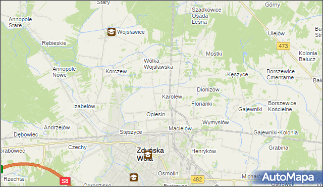 mapa Karolew gmina Zduńska Wola, Karolew gmina Zduńska Wola na mapie Targeo
