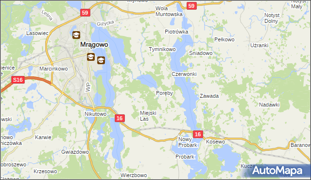 mapa Poręby gmina Mrągowo, Poręby gmina Mrągowo na mapie Targeo