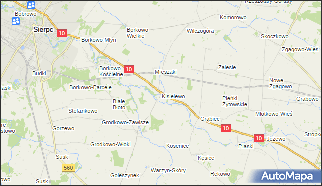 mapa Kisielewo gmina Sierpc, Kisielewo gmina Sierpc na mapie Targeo