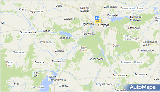mapa Stary Młyn gmina Przytyk, Stary Młyn gmina Przytyk na mapie Targeo