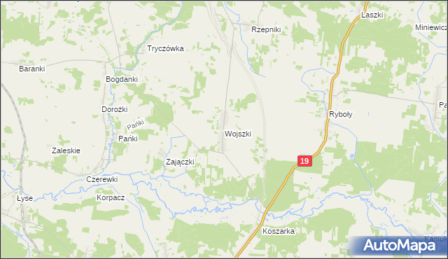 mapa Wojszki gmina Juchnowiec Kościelny, Wojszki gmina Juchnowiec Kościelny na mapie Targeo