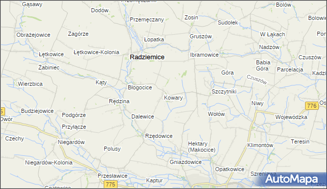 mapa Kowary gmina Radziemice, Kowary gmina Radziemice na mapie Targeo