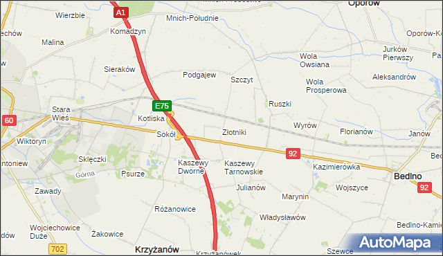 mapa Złotniki gmina Krzyżanów, Złotniki gmina Krzyżanów na mapie Targeo