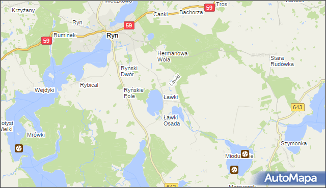 mapa Ławki gmina Ryn, Ławki gmina Ryn na mapie Targeo