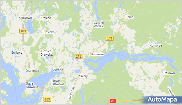 mapa Kuszewo gmina Czaplinek, Kuszewo gmina Czaplinek na mapie Targeo