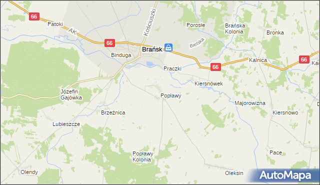 mapa Popławy gmina Brańsk, Popławy gmina Brańsk na mapie Targeo