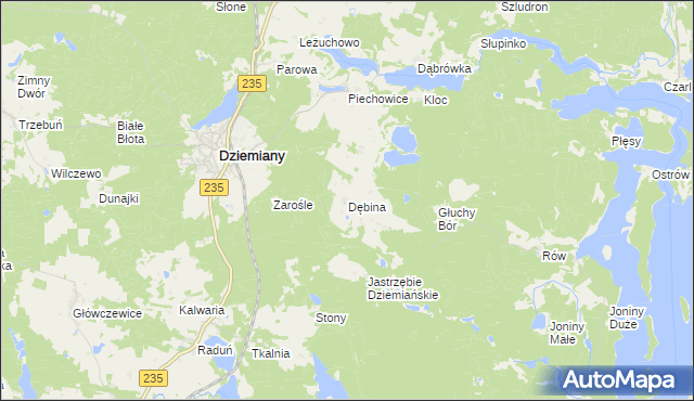mapa Dębina gmina Dziemiany, Dębina gmina Dziemiany na mapie Targeo