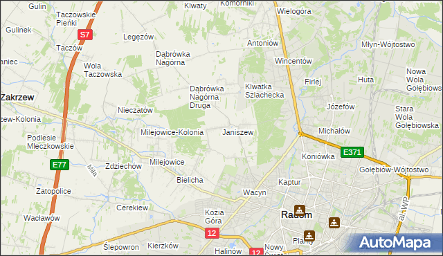 mapa Janiszew gmina Zakrzew, Janiszew gmina Zakrzew na mapie Targeo