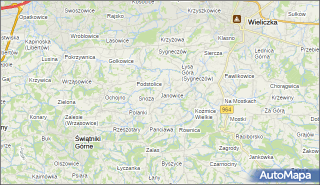 mapa Janowice gmina Wieliczka, Janowice gmina Wieliczka na mapie Targeo