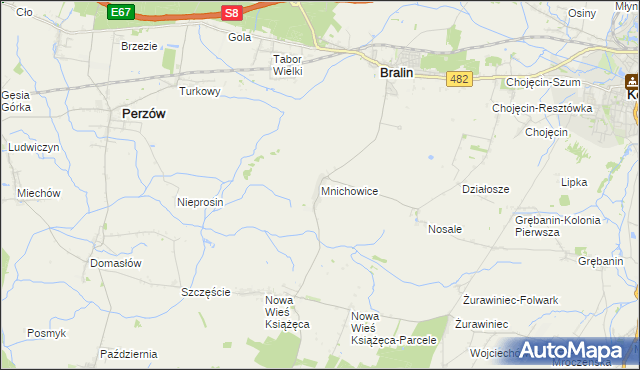 mapa Mnichowice gmina Bralin, Mnichowice gmina Bralin na mapie Targeo