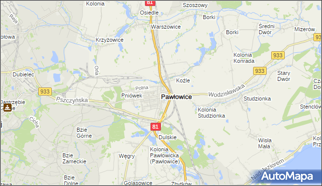 mapa Pawłowice powiat pszczyński, Pawłowice powiat pszczyński na mapie Targeo