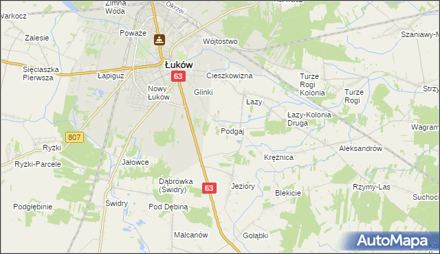 mapa Podgaj gmina Łuków, Podgaj gmina Łuków na mapie Targeo