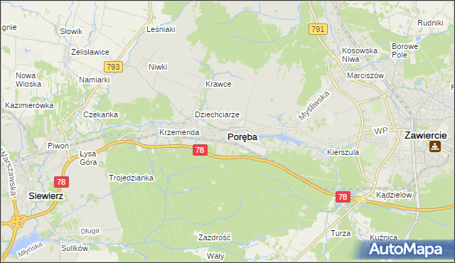 mapa Poręba powiat zawierciański, Poręba powiat zawierciański na mapie Targeo