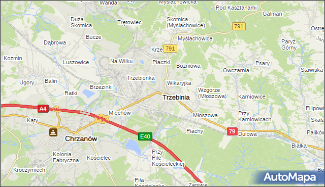 mapa Trzebinia powiat chrzanowski, Trzebinia powiat chrzanowski na mapie Targeo