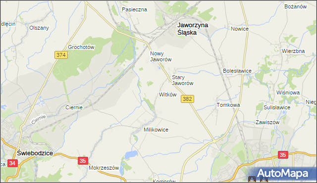 mapa Witków gmina Jaworzyna Śląska, Witków gmina Jaworzyna Śląska na mapie Targeo