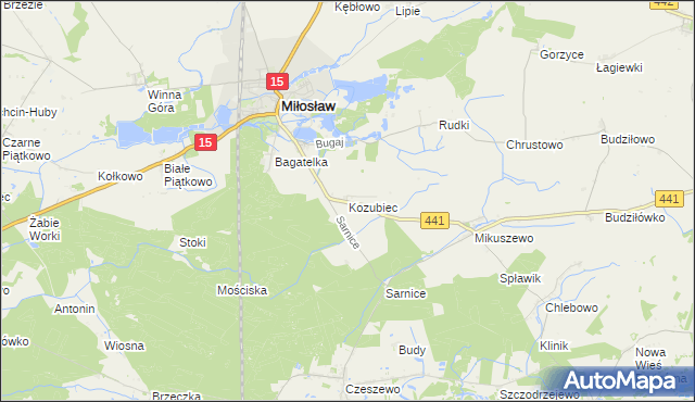 mapa Kozubiec gmina Miłosław, Kozubiec gmina Miłosław na mapie Targeo