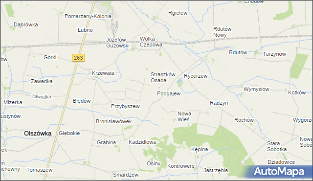 mapa Podgajew gmina Kłodawa, Podgajew gmina Kłodawa na mapie Targeo