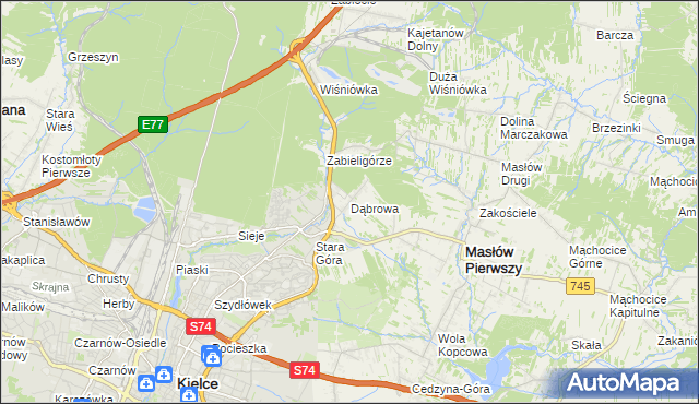 mapa Dąbrowa gmina Masłów, Dąbrowa gmina Masłów na mapie Targeo