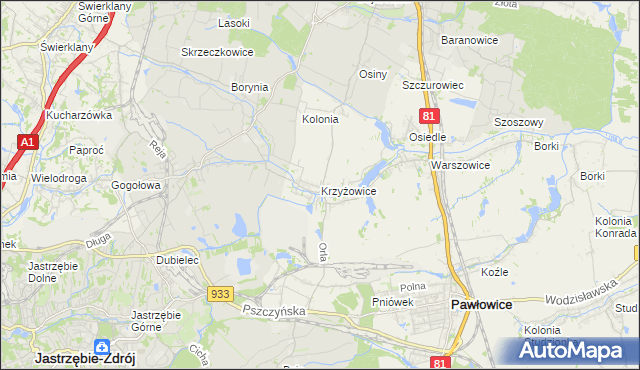 mapa Krzyżowice gmina Pawłowice, Krzyżowice gmina Pawłowice na mapie Targeo