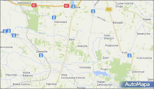 mapa Adamów gmina Cyców, Adamów gmina Cyców na mapie Targeo