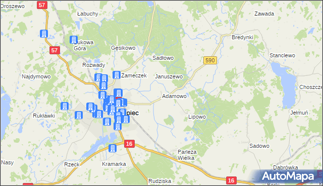 mapa Adamowo gmina Biskupiec, Adamowo gmina Biskupiec na mapie Targeo