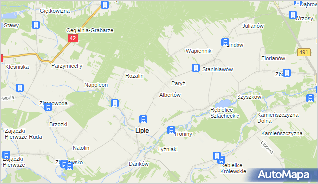 mapa Albertów gmina Lipie, Albertów gmina Lipie na mapie Targeo