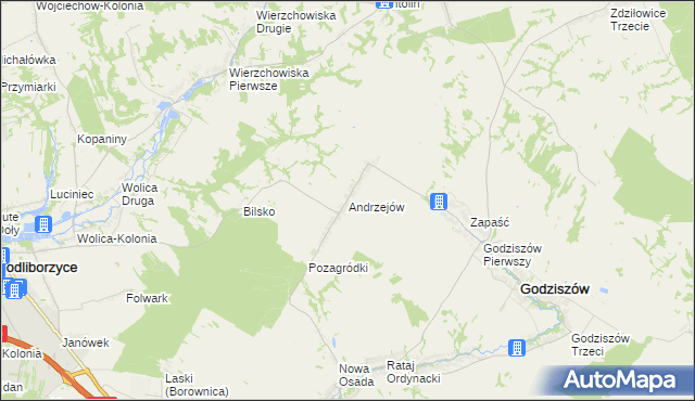 mapa Andrzejów gmina Godziszów, Andrzejów gmina Godziszów na mapie Targeo