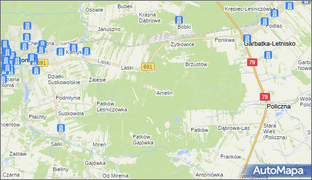 mapa Anielin gmina Garbatka-Letnisko, Anielin gmina Garbatka-Letnisko na mapie Targeo